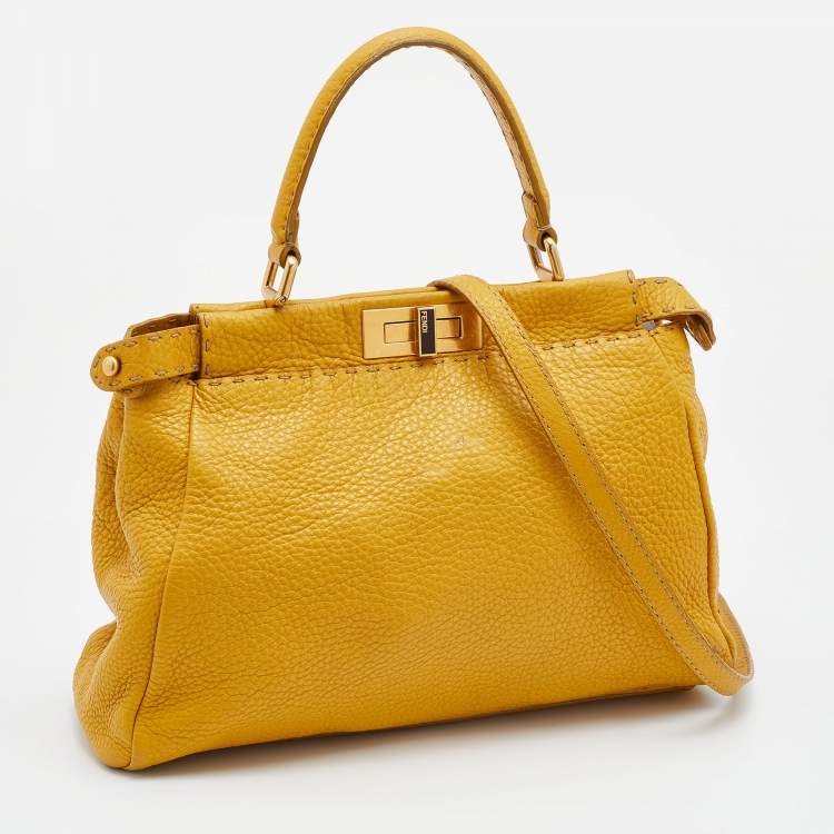 Pre Owned Fendi Yellow Selleria Leather Medium Peekaboo Top Handle Bag