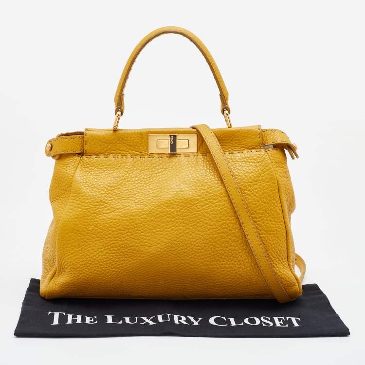Pre Owned Fendi Yellow Selleria Leather Medium Peekaboo Top Handle Bag
