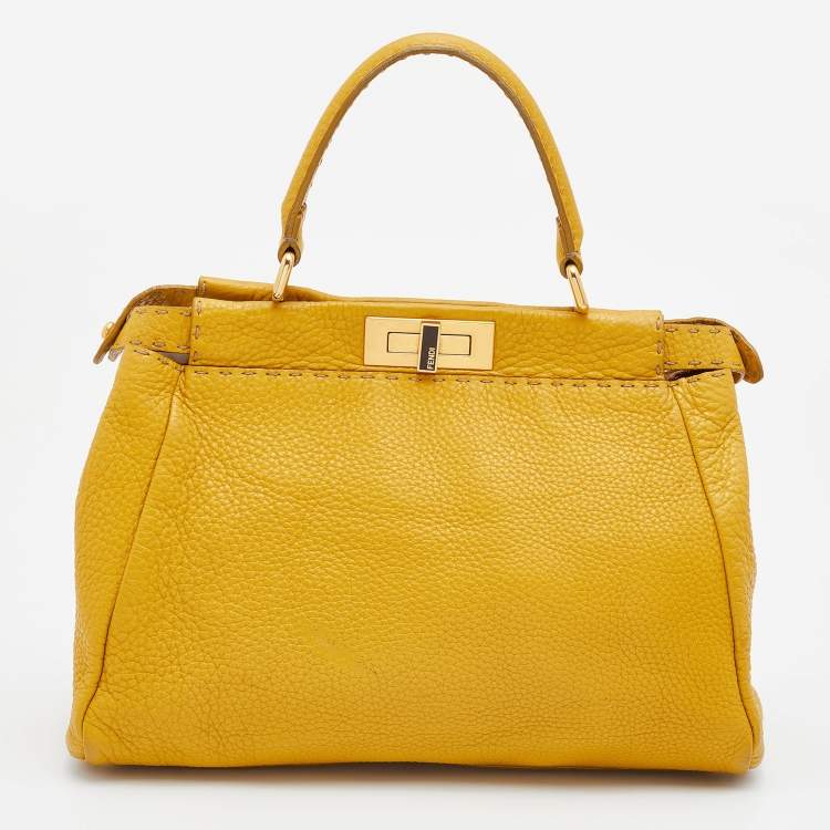 Pre Owned Fendi Yellow Selleria Leather Medium Peekaboo Top Handle Bag