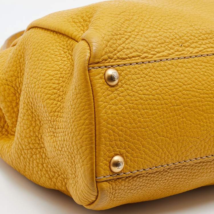 Pre Owned Fendi Yellow Selleria Leather Medium Peekaboo Top Handle Bag