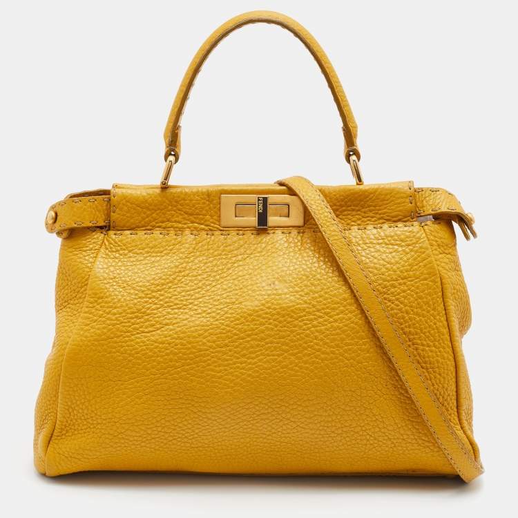 Pre Owned Fendi Yellow Selleria Leather Medium Peekaboo Top Handle Bag