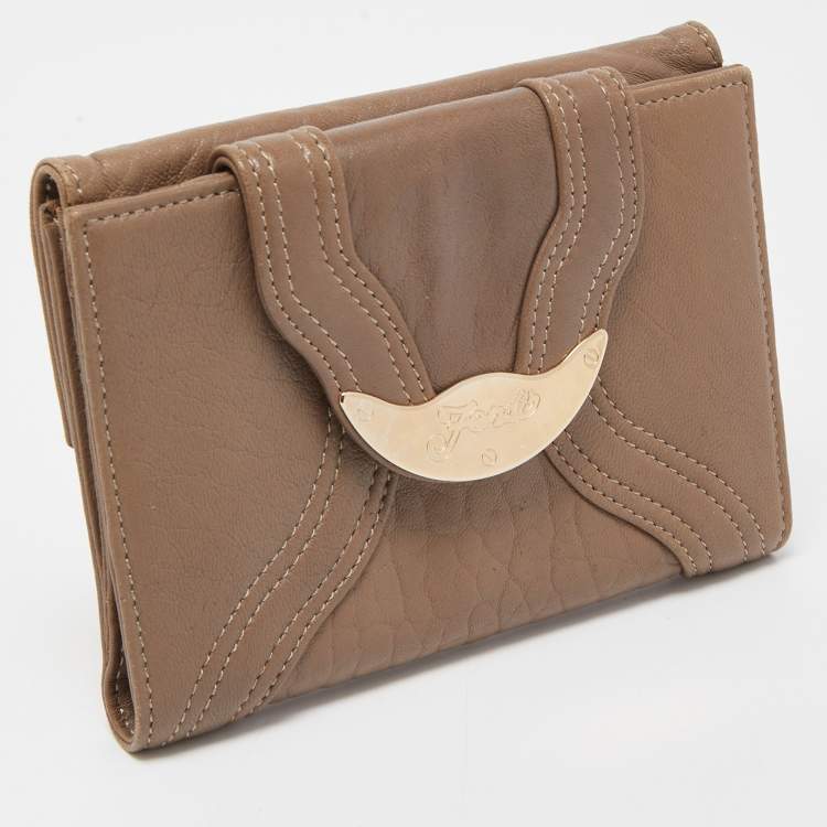 Pre Owned Fendi Dark Beige Leather Compact Flap Wallet