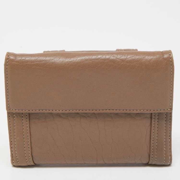 Pre Owned Fendi Dark Beige Leather Compact Flap Wallet
