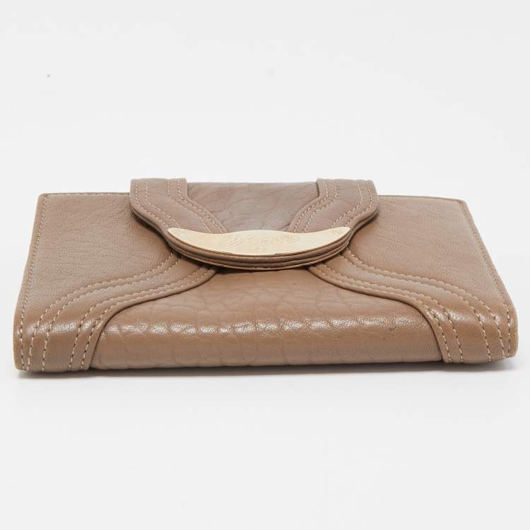 Pre Owned Fendi Dark Beige Leather Compact Flap Wallet