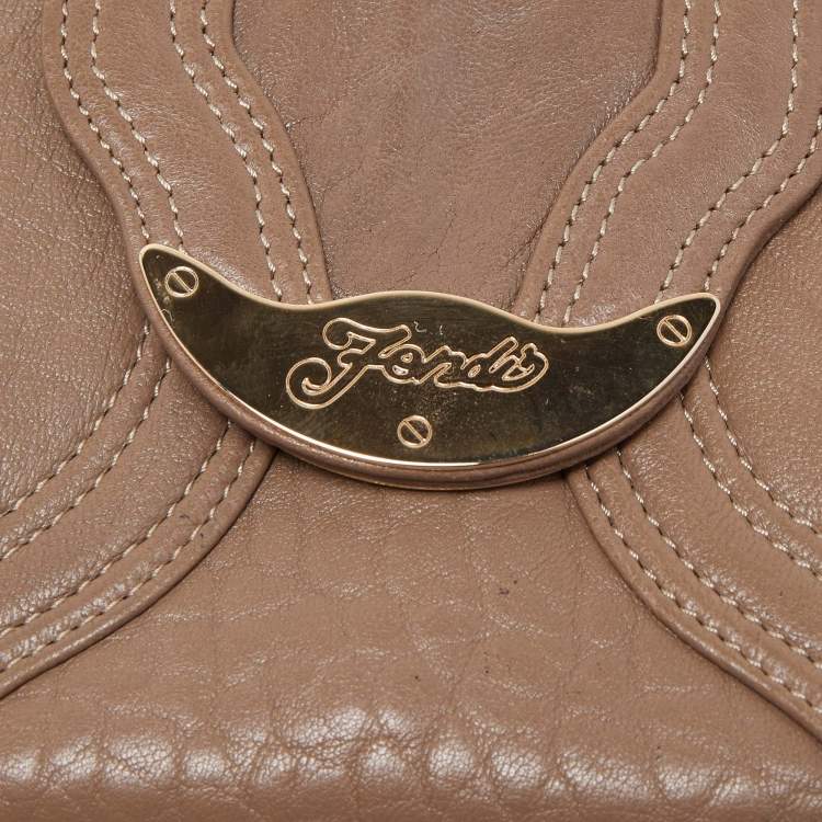 Pre Owned Fendi Dark Beige Leather Compact Flap Wallet