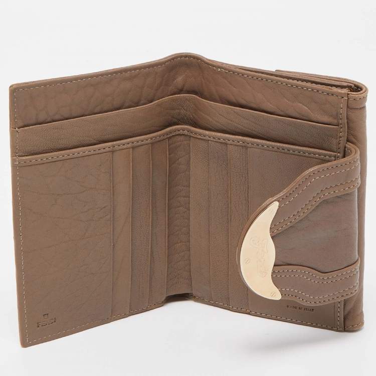 Pre Owned Fendi Dark Beige Leather Compact Flap Wallet
