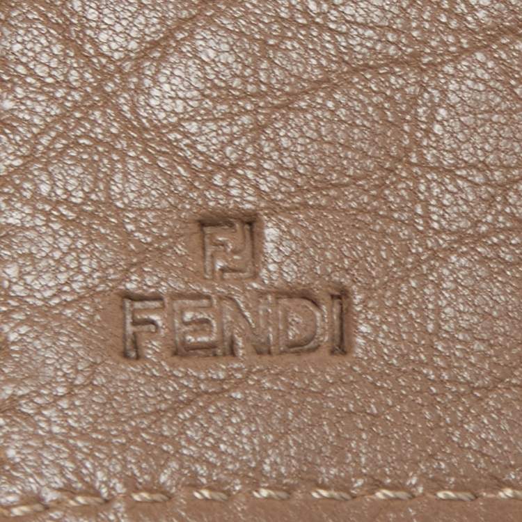 Pre Owned Fendi Dark Beige Leather Compact Flap Wallet