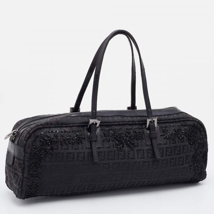 Pre Owned Fendi Black Zucca Canvas and Leather Embellished Bowler Bag