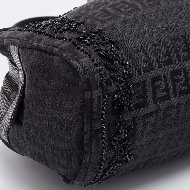 Pre Owned Fendi Black Zucca Canvas and Leather Embellished Bowler Bag
