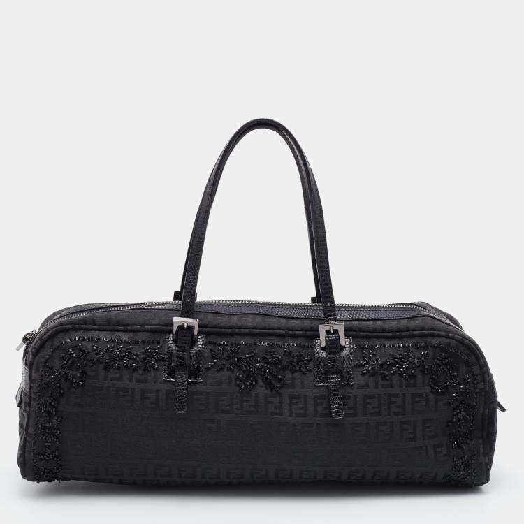 Pre Owned Fendi Black Zucca Canvas and Leather Embellished Bowler Bag