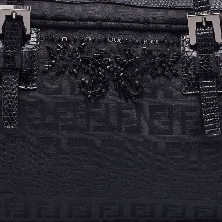 Pre Owned Fendi Black Zucca Canvas and Leather Embellished Bowler Bag