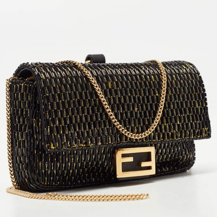 Pre Owned Fendi Black/Gold Beaded Nano Baguette Crossbody Bag