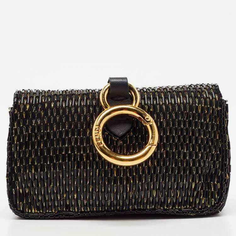 Pre Owned Fendi Black/Gold Beaded Nano Baguette Crossbody Bag