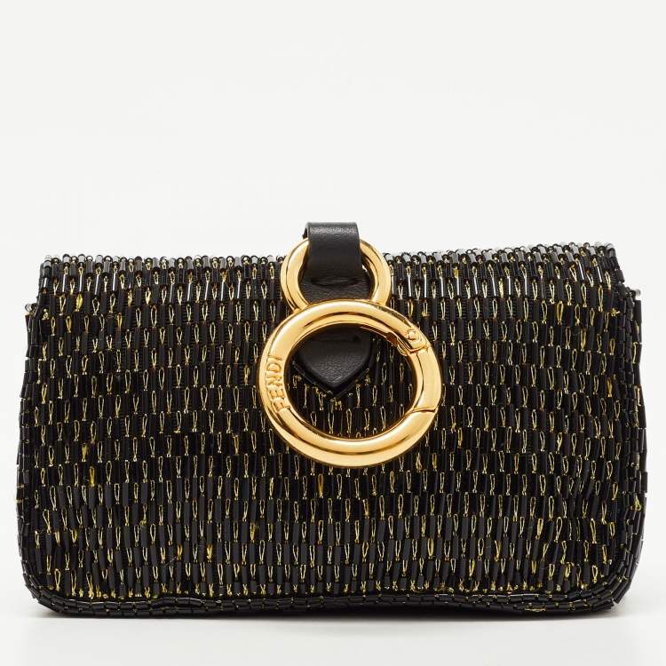 Pre Owned Fendi Black/Gold Beaded Nano Baguette Crossbody Bag