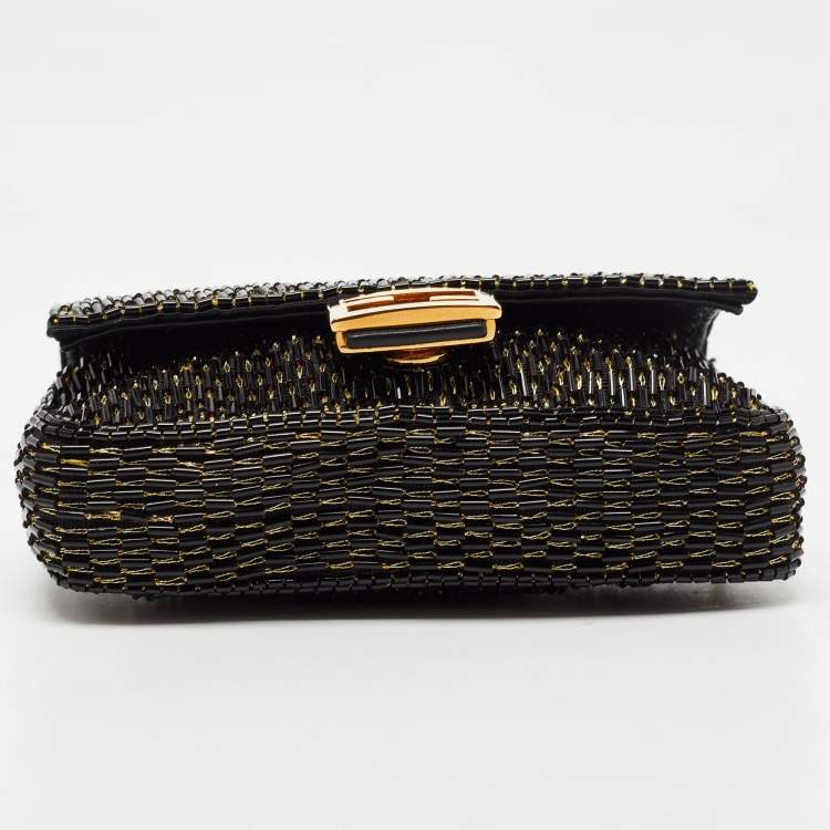 Pre Owned Fendi Black/Gold Beaded Nano Baguette Crossbody Bag