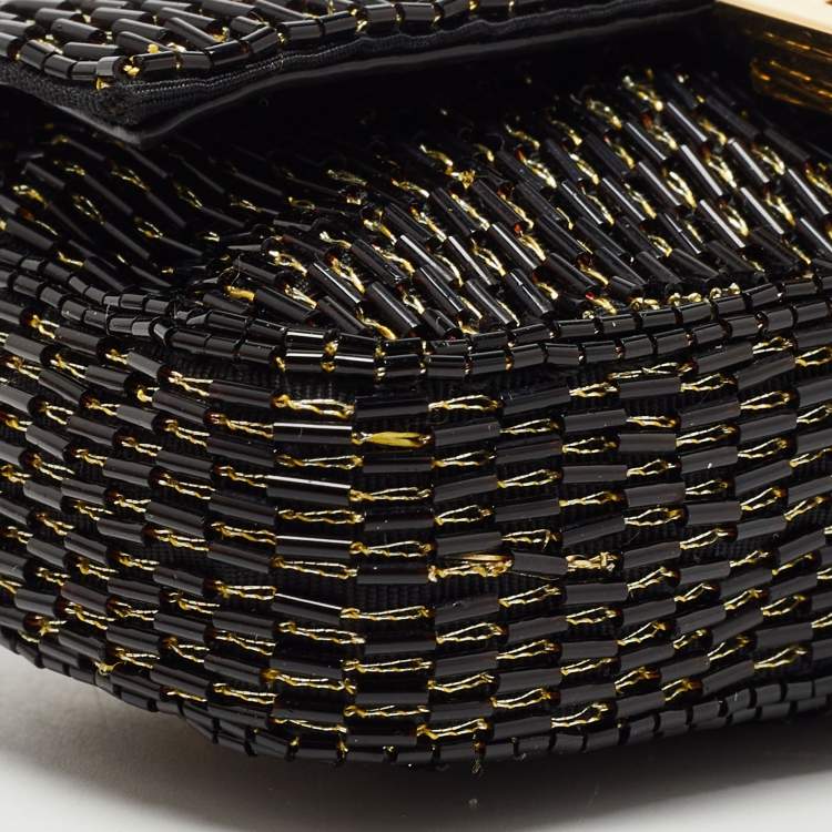 Pre Owned Fendi Black/Gold Beaded Nano Baguette Crossbody Bag