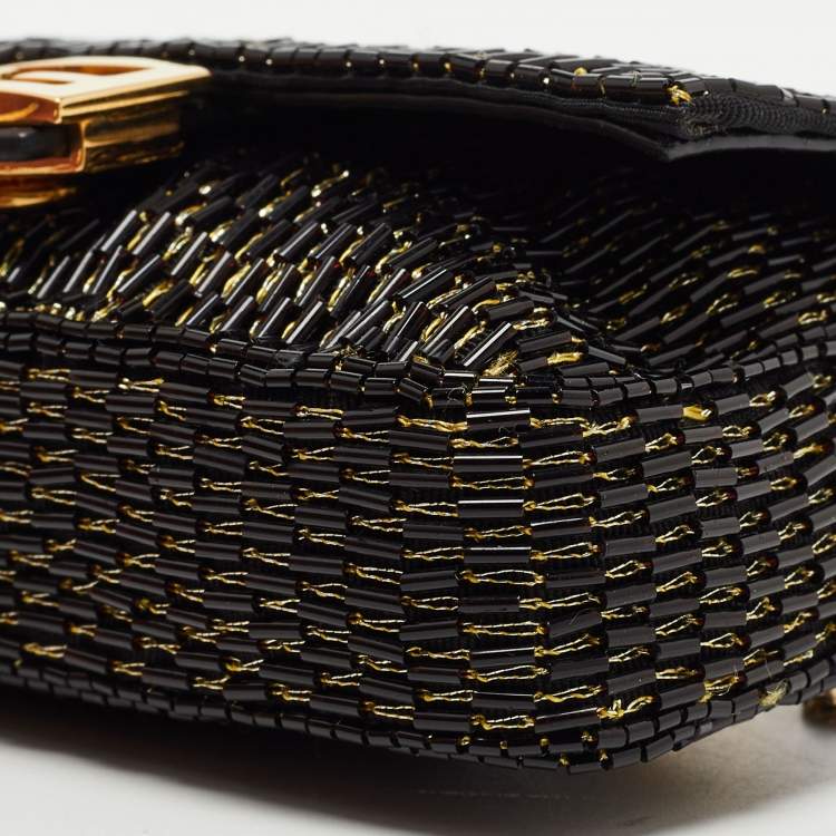 Pre Owned Fendi Black/Gold Beaded Nano Baguette Crossbody Bag