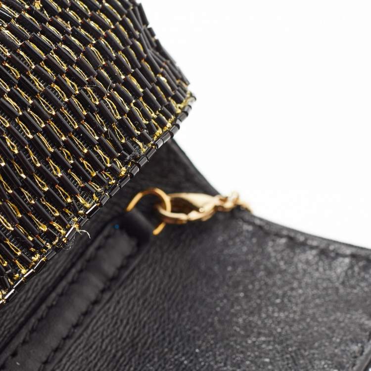 Pre Owned Fendi Black/Gold Beaded Nano Baguette Crossbody Bag