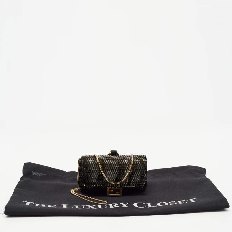 Pre Owned Fendi Black/Gold Beaded Nano Baguette Crossbody Bag