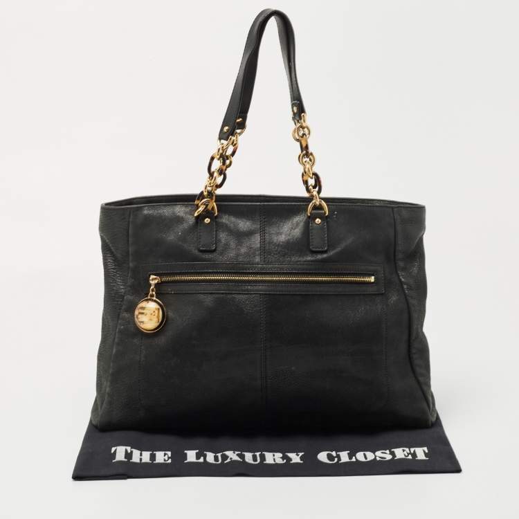 Pre Owned Fendi Black Shimmer Suede Front Zip Chain Tote