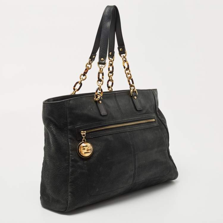 Pre Owned Fendi Black Shimmer Suede Front Zip Chain Tote