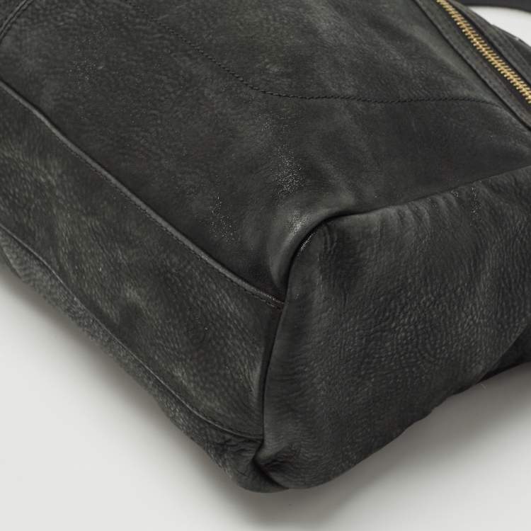 Pre Owned Fendi Black Shimmer Suede Front Zip Chain Tote