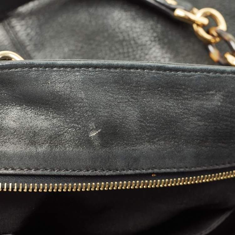 Pre Owned Fendi Black Shimmer Suede Front Zip Chain Tote