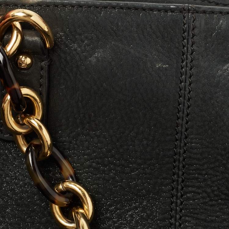 Pre Owned Fendi Black Shimmer Suede Front Zip Chain Tote