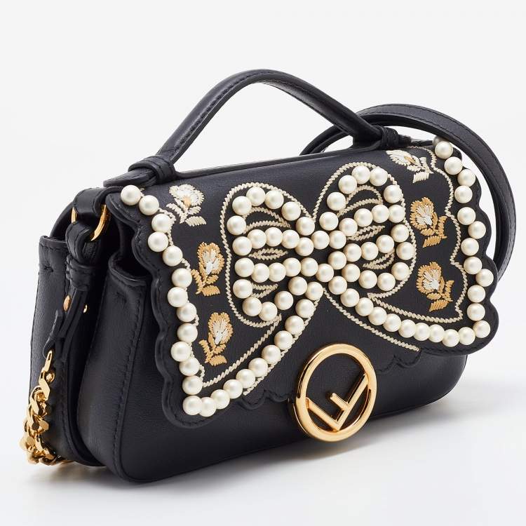 Pre Owned Fendi Black Embellished Leather Micro Double Baguette Bag
