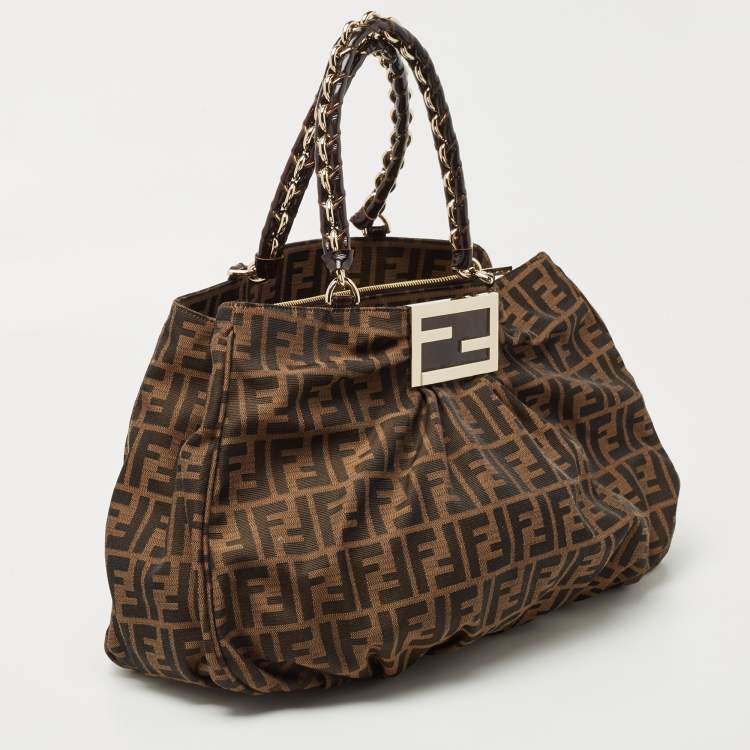 Pre Owned Fendi Tobacco Zucca Canvas and Patent Leather Large Mia Hobo