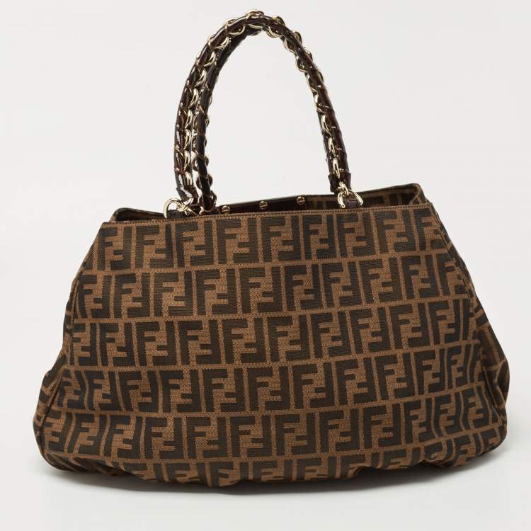 Pre Owned Fendi Tobacco Zucca Canvas and Patent Leather Large Mia Hobo