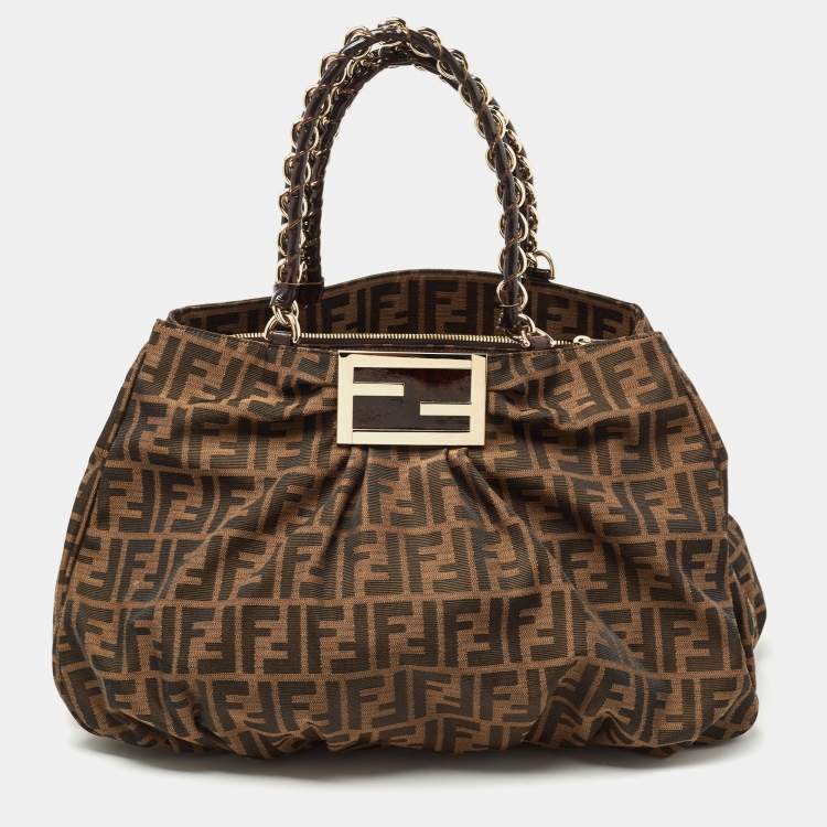 Pre Owned Fendi Tobacco Zucca Canvas and Patent Leather Large Mia Hobo