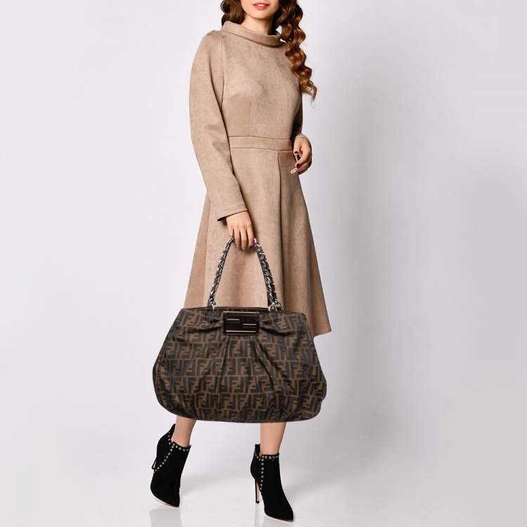 Pre Owned Fendi Tobacco Zucca Canvas and Patent Leather Large Mia Hobo
