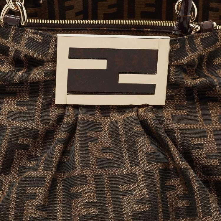 Pre Owned Fendi Tobacco Zucca Canvas and Patent Leather Large Mia Hobo