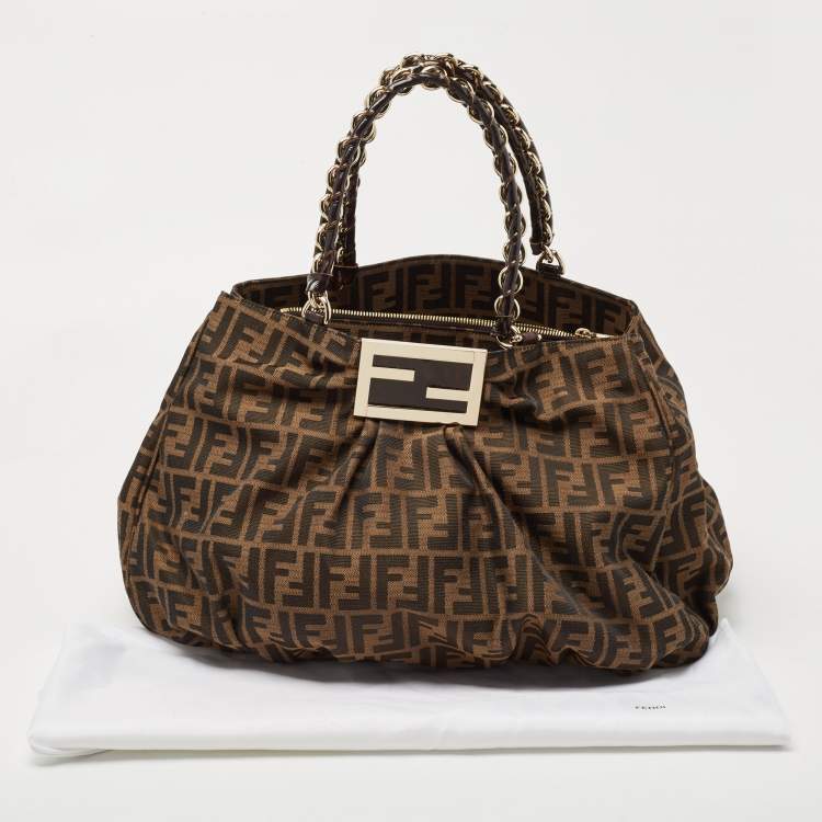 Pre Owned Fendi Tobacco Zucca Canvas and Patent Leather Large Mia Hobo