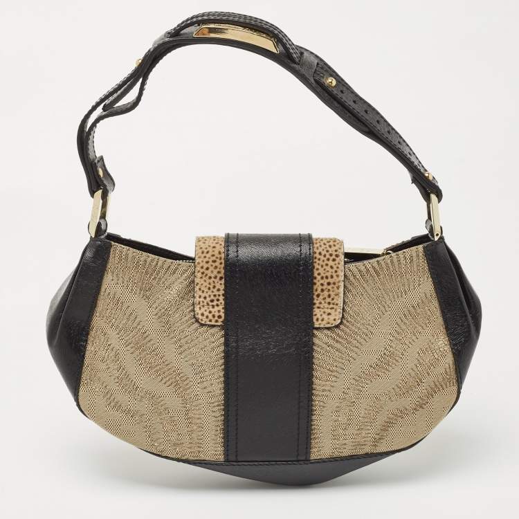 Pre Owned Fendi Black/Beige Leather and Canvas Logo Shoulder Bag