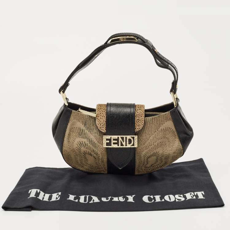 Pre Owned Fendi Black/Beige Leather and Canvas Logo Shoulder Bag