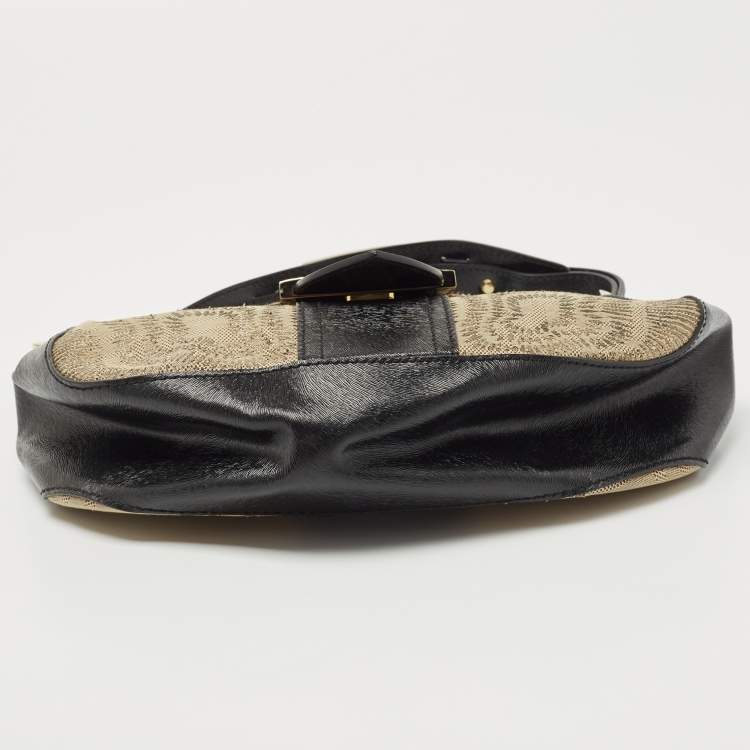Pre Owned Fendi Black/Beige Leather and Canvas Logo Shoulder Bag