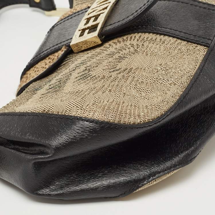 Pre Owned Fendi Black/Beige Leather and Canvas Logo Shoulder Bag