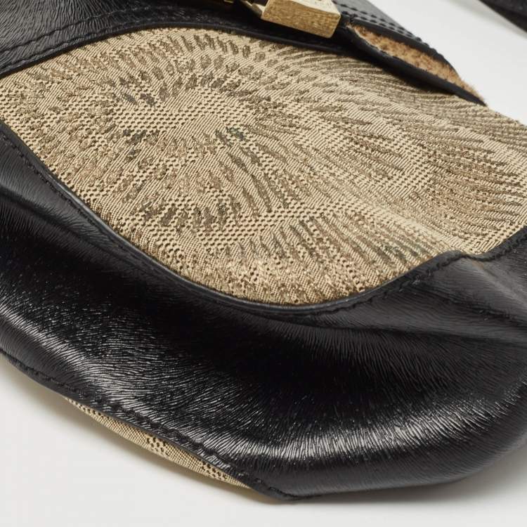 Pre Owned Fendi Black/Beige Leather and Canvas Logo Shoulder Bag