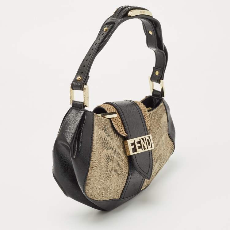 Pre Owned Fendi Black/Beige Leather and Canvas Logo Shoulder Bag