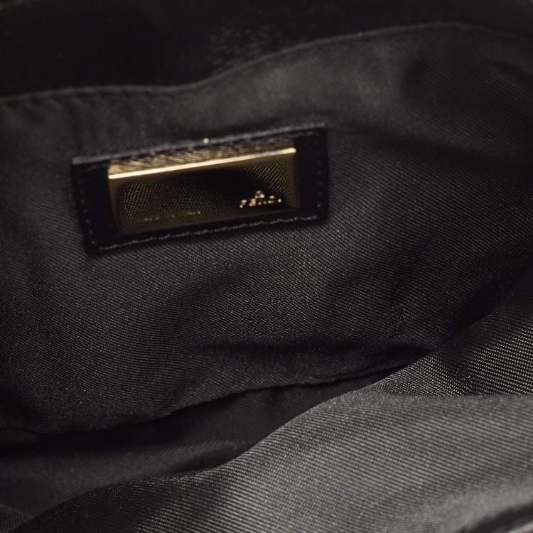 Pre Owned Fendi Black/Beige Leather and Canvas Logo Shoulder Bag