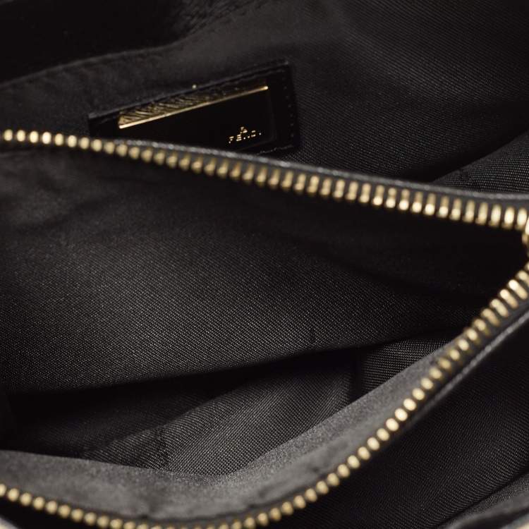 Pre Owned Fendi Black/Beige Leather and Canvas Logo Shoulder Bag