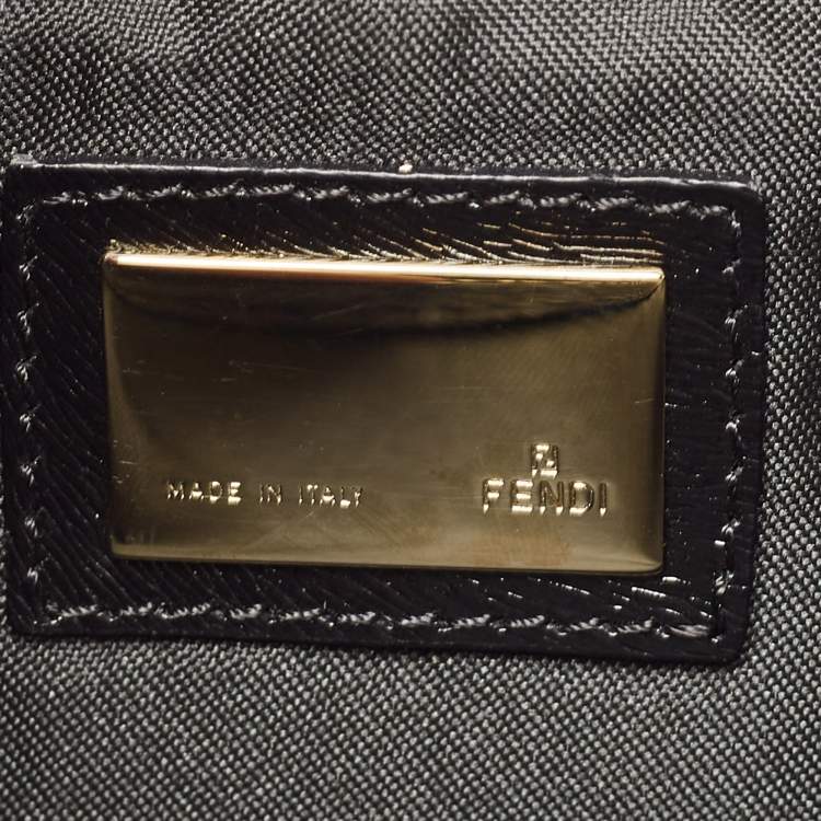 Pre Owned Fendi Black/Beige Leather and Canvas Logo Shoulder Bag
