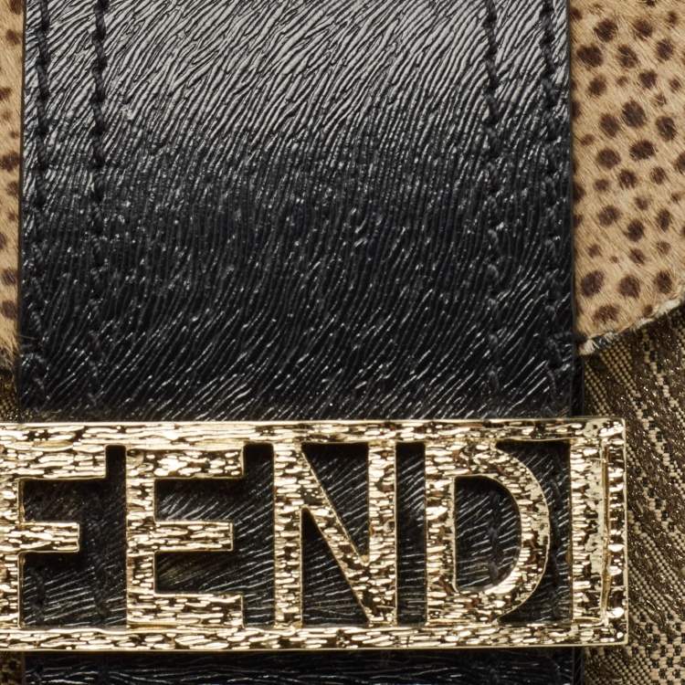 Pre Owned Fendi Black/Beige Leather and Canvas Logo Shoulder Bag