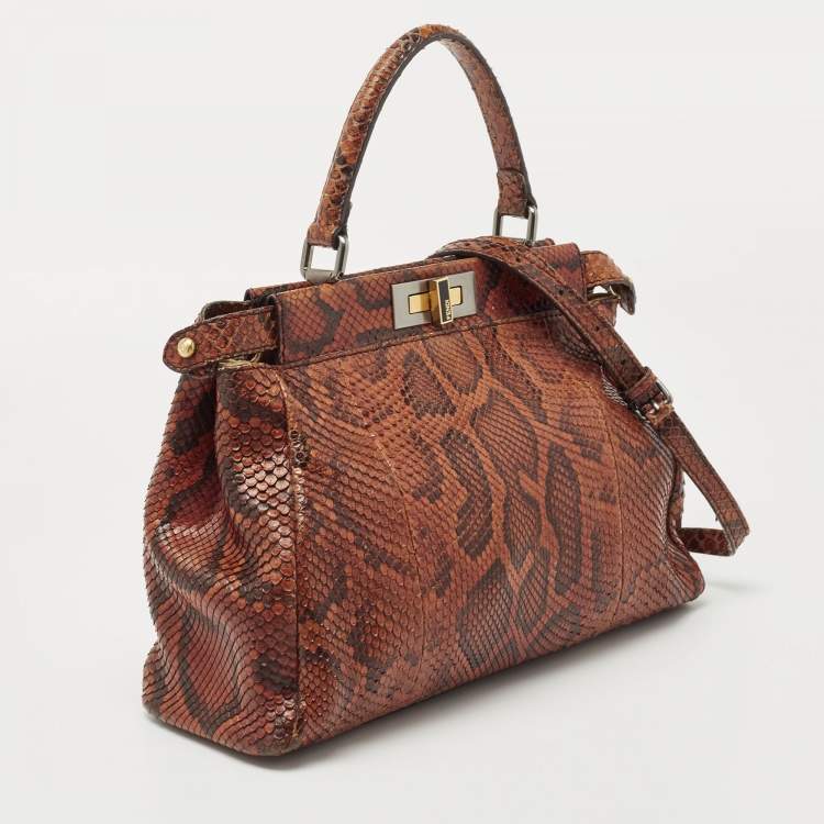 Pre Owned Fendi Brown Python Medium Peekaboo Top Handle Bag