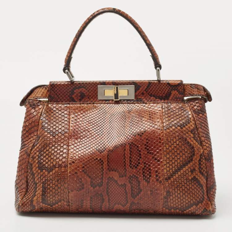 Pre Owned Fendi Brown Python Medium Peekaboo Top Handle Bag