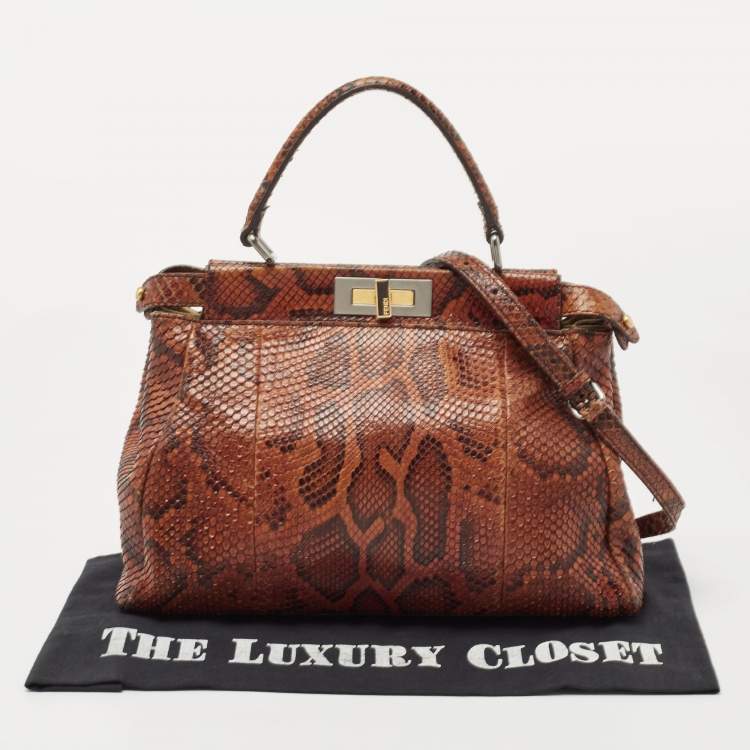 Pre Owned Fendi Brown Python Medium Peekaboo Top Handle Bag