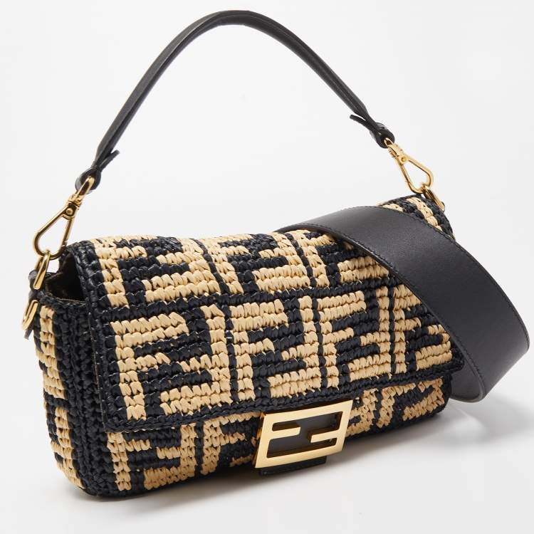 Pre Owned Fendi Black/Beige Zucca Raffia and Leather Baguette Flap Bag