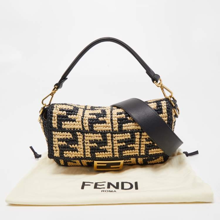 Pre Owned Fendi Black/Beige Zucca Raffia and Leather Baguette Flap Bag